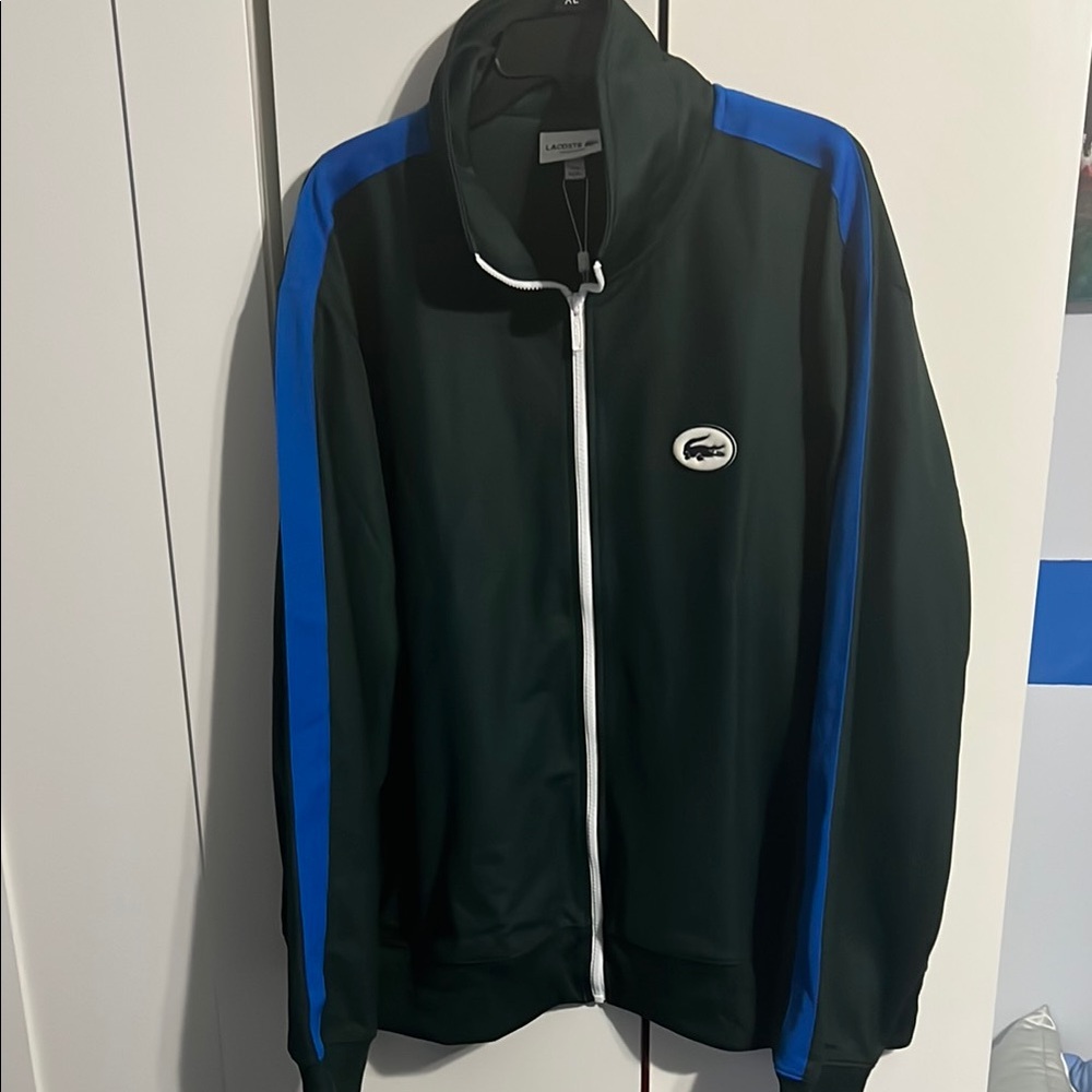 Lacoste Men's Black Windbreaker with Blue Stripes
